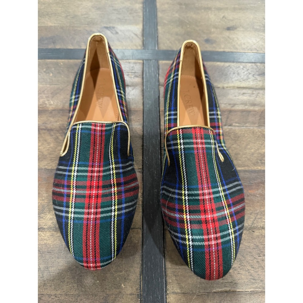 J.Crew Tartan Plaid Smoking Slippers Womens 6 Green Red Gold Trim Loafers Flats